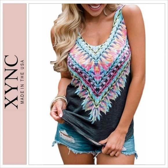 Xync Black Multi Top Tank Shirt Bold Geometric Graphic Tie Dye Tribal print NIP - Picture 7 of 9